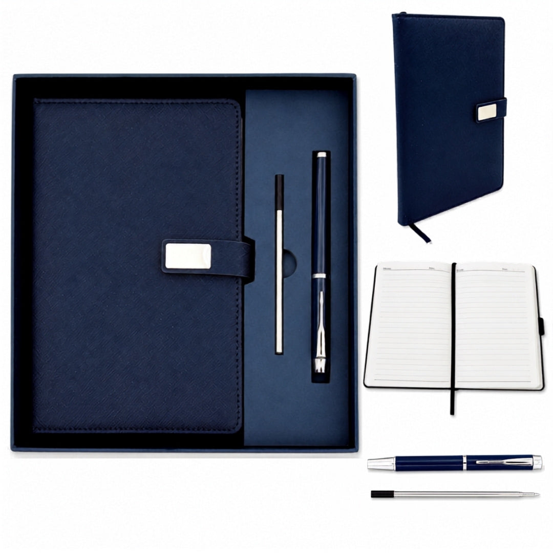 Elegante set regalo quaderno A5 in pelle blu navy con penna in confezione regalo - EE13