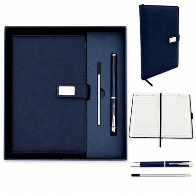 Elegante Taccuino in Pelle Blu Scuro A5 con Penna e Incisione Personalizzata in Scatola Regalo