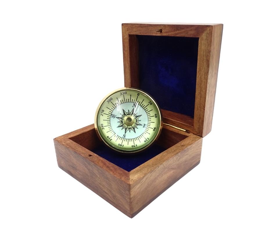 Bussola a Lente in Ottone CLEB in Scatola di Legno con Incisione