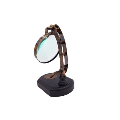 Elegante lente d'ingrandimento su base in legno con regolazione, possibilità di personalizzazione tramite incisione, ideale come regalo, altezza 20 cm, lente 10 cm, struttura e braccio in ottone