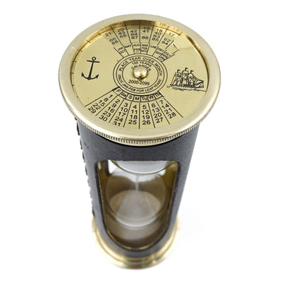 Clessidra da 5 minuti con orologio mondiale e calendario perpetuo in custodia di pelle