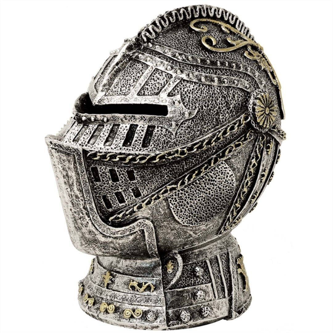 Salvadanaio decorativo a forma di elmo da cavaliere con incisione – argento anticata, 13 cm