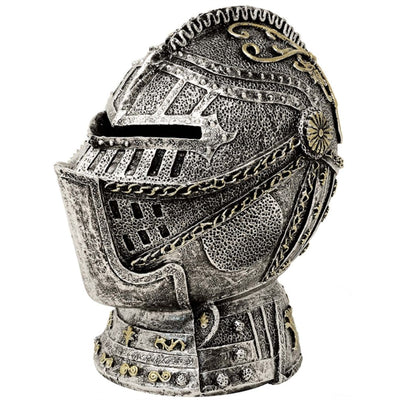 Salvadanaio decorativo a forma di elmo da cavaliere con incisione – argento anticata, 13 cm