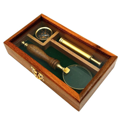 Set da Viaggio con Cannocchiale, Bussola e Lente d’Ingrandimento in Scatola di Legno con Possibilità di Incisione Personalizzata