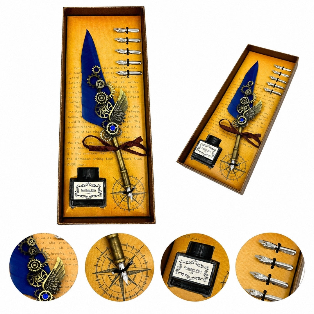 Set per Calligrafia Retrò con Penna d'Oca Blu, 6 Pennini, Inchiostro, Personalizzazione con Incisione, Elegante Regalo in Stile Vintage