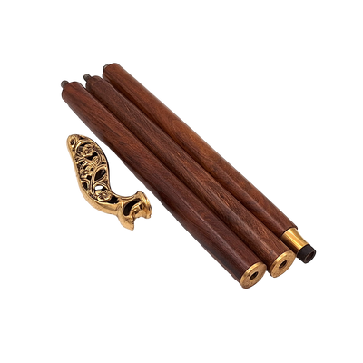 Elegante bastone pieghevole in legno con manico riccamente decorato in marrone e oro con possibilità di personalizzazione con incisione