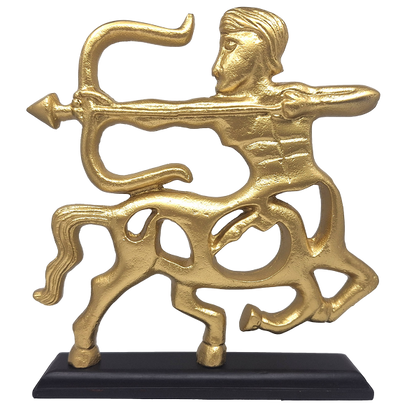 Statuetta decorativa Sagittario dorata con base in legno e opzione di personalizzazione tramite incisione