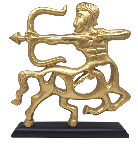 Statuetta decorativa Sagittario dorata con base in legno e opzione di personalizzazione tramite incisione