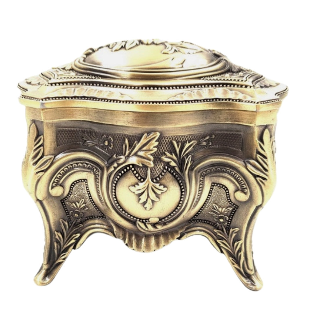 Scatola Metallica Dorata per Gioielli Retrò con Possibilità di Incisione Personalizzata - Elegante e Riccamente Decorata, Ideale come Regalo - Dimensioni: 10,8 x 7,7 x 9,2 cm, Massiccia e Imponente, Perfetta per Conservare Oggetti Preziosi