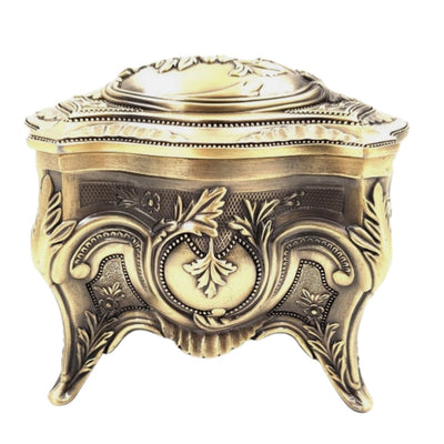 Scatola Metallica Dorata per Gioielli Retrò con Possibilità di Incisione Personalizzata - Elegante e Riccamente Decorata, Ideale come Regalo - Dimensioni: 10,8 x 7,7 x 9,2 cm, Massiccia e Imponente, Perfetta per Conservare Oggetti Preziosi