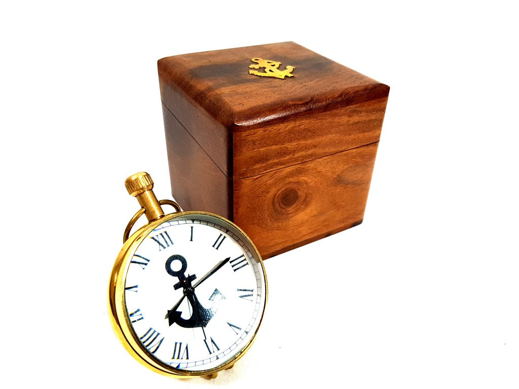 Orologio marinaro NI406A/1 in scatola di legno con possibilità di personalizzazione tramite incisione, in ottone, stile retrò, altezza 7 cm