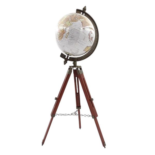 Elegante Globo Coloniale su Treppiede in Legno NC2140 con Altezza Regolabile fino a 78 cm, Mappa Laminata in Toni di Bianco e Marrone, Ideale come Regalo con Possibilità di Personalizzazione Incisa
