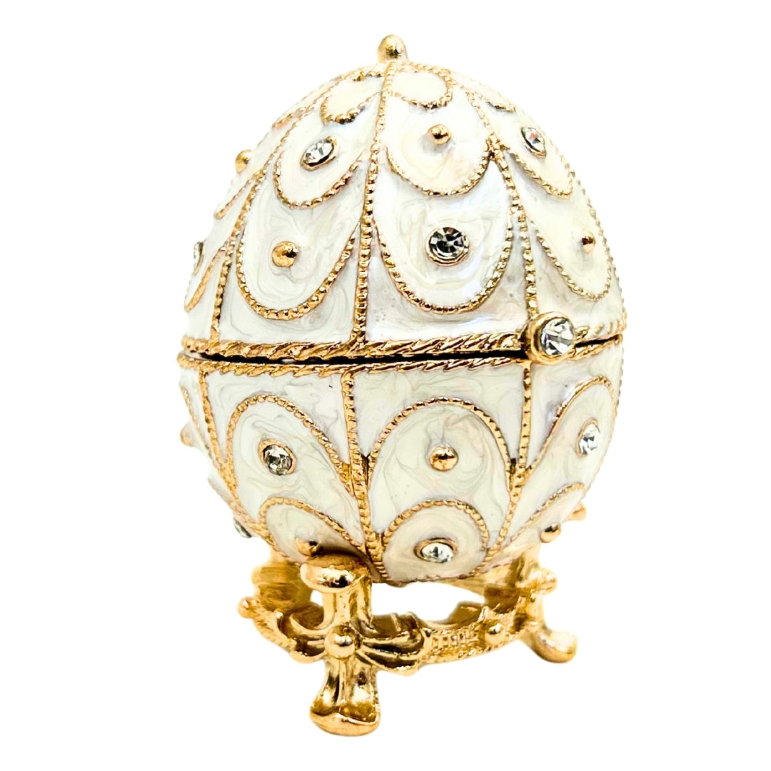 Esclusiva scatola uovo Fabergé in metallo con cristalli bianco-oro con possibilità di personalizzazione tramite incisione