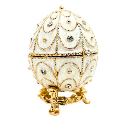 Esclusiva scatola uovo Fabergé in metallo con cristalli bianco-oro con possibilità di personalizzazione tramite incisione
