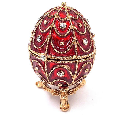Scatola esclusiva in metallo Fabergé con cristalli in colore rosso e oro, possibilità di personalizzazione tramite incisione, ideale come regalo, dimensioni 5,5x6,5 cm