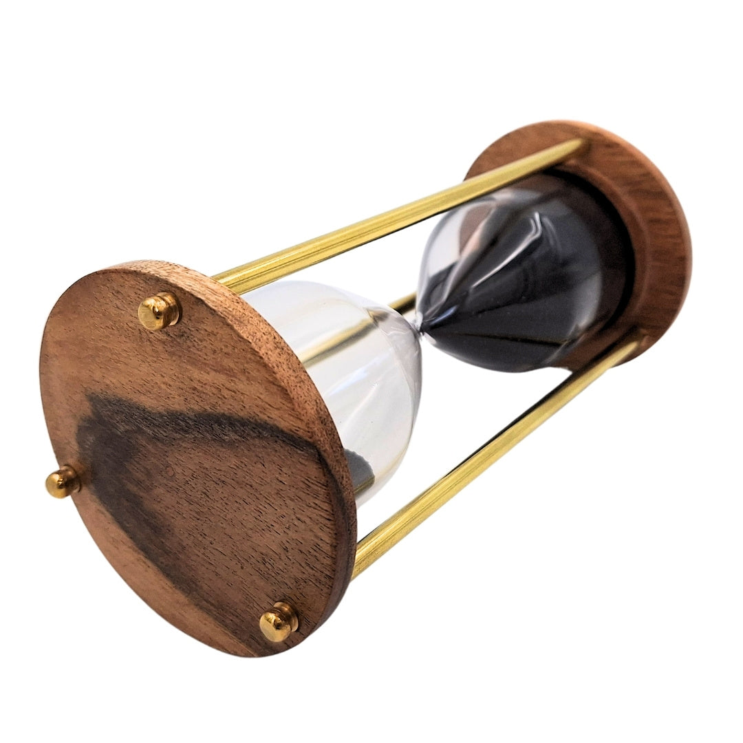 Clessidra in ottone e legno da 5 minuti con incisione personalizzata – elegante decorazione retrò per regalo – altezza 15,5 cm, sabbia nera, ottone e legno