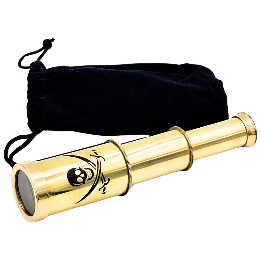 Cannocchiale da pirata con emblema – cannocchiale pieghevole in ottone con incisione – regalo ideale per giovani esploratori dei mari – altezza 15 cm, set con sacchetto in velluto
