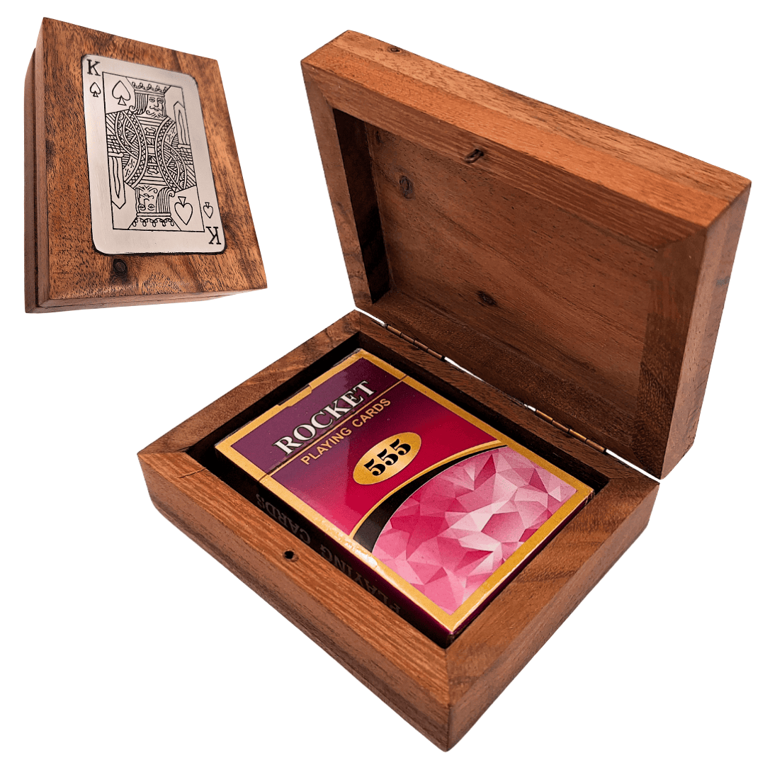 Elegante mazzo di carte in scatola di legno decorativa con targhetta in alluminio a forma di re - incisione personalizzata - regalo ideale per appassionati di giochi di carte - dimensioni scatola 11,5 x 8 x 4 cm