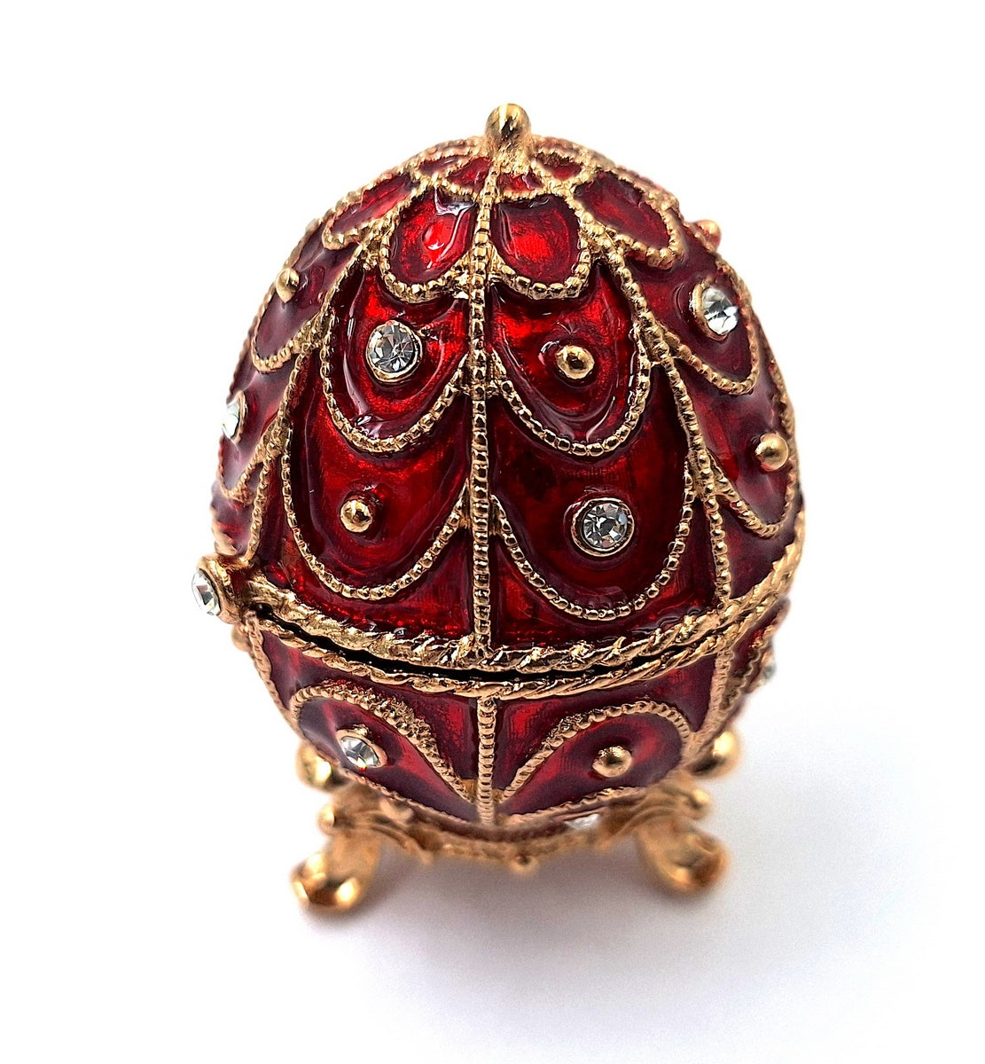 Scatola esclusiva in metallo Fabergé con cristalli in colore rosso e oro, possibilità di personalizzazione tramite incisione, ideale come regalo, dimensioni 5,5x6,5 cm