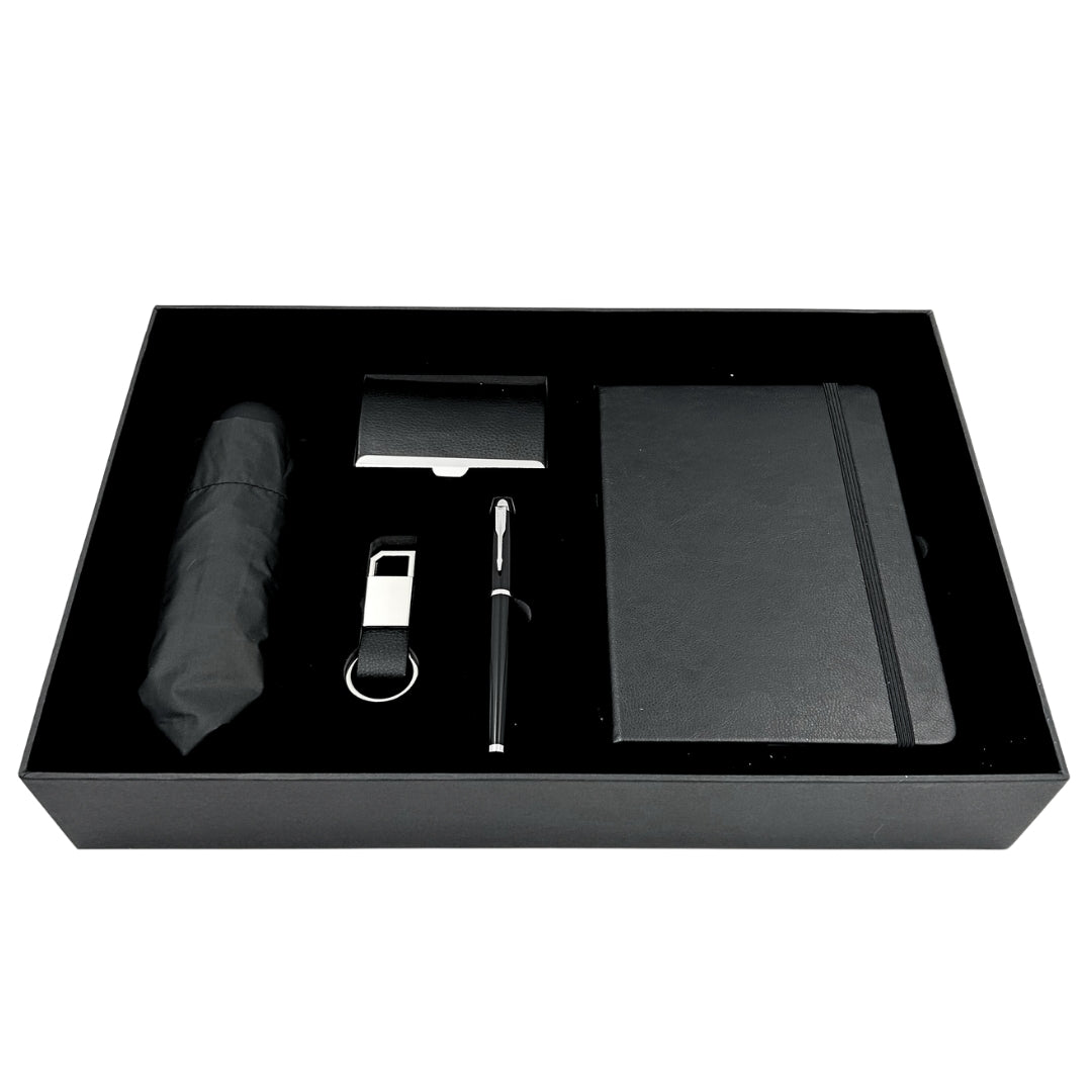 Elegante Set Regalo Classico con Personalizzazione - Taccuino in Pelle A5, Ombrello, Penna, Portabiglietti e Portachiavi in Scatola Regalo Estetica