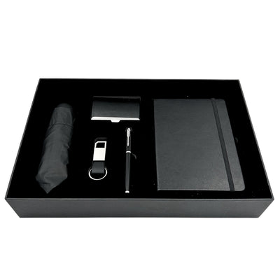 Elegante Set Regalo Classico con Personalizzazione - Taccuino in Pelle A5, Ombrello, Penna, Portabiglietti e Portachiavi in Scatola Regalo Estetica