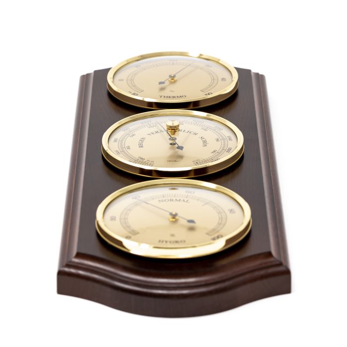 Stazione Meteorologica Fischer 9176-22 con Barometro, Igrometro e Termometro in Cornice di Ottone su Base di Mogano con Opzione di Personalizzazione Incisa