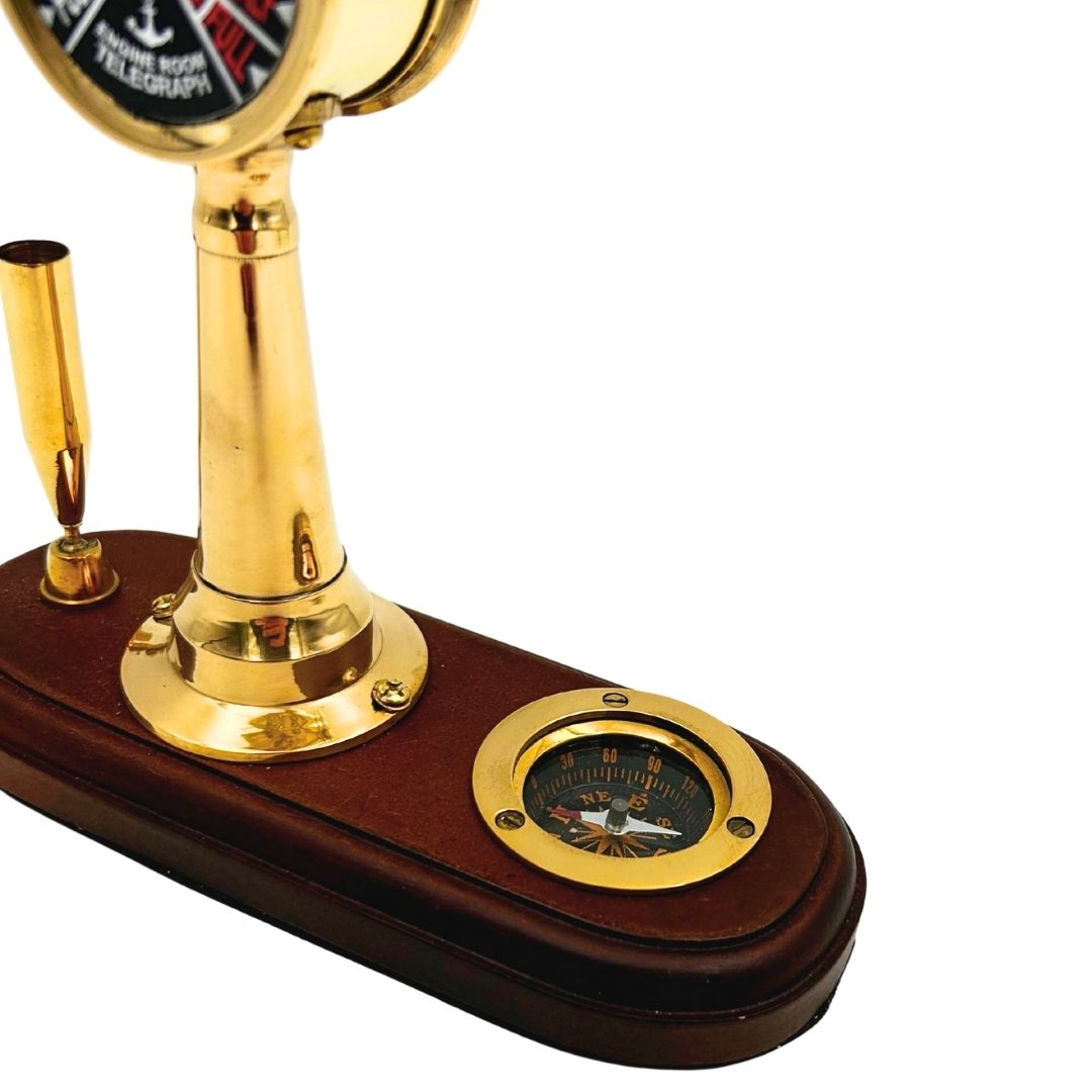 Elegante Set da Scrivania con Incisione – Telegrafo a Macchina, Bussola e Portapenne con Base in Legno – Regalo Ideale per Velista, Manager o Appassionato di Stile Retrò – Ottone e Legno di Alta Qualità, Dimensioni 16,5 x 6 x 16,8 cm