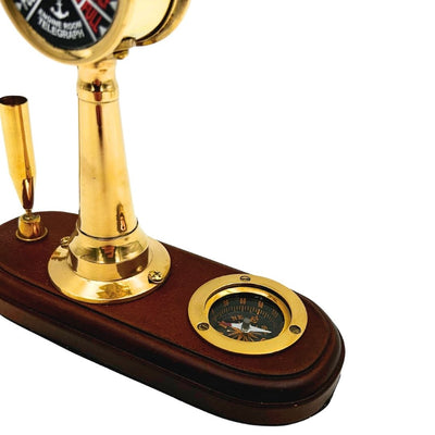 Elegante Set da Scrivania con Incisione – Telegrafo a Macchina, Bussola e Portapenne con Base in Legno – Regalo Ideale per Velista, Manager o Appassionato di Stile Retrò – Ottone e Legno di Alta Qualità, Dimensioni 16,5 x 6 x 16,8 cm