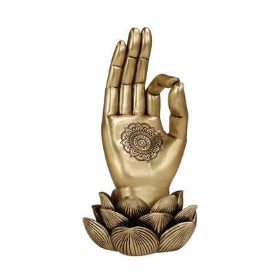 Figura dorata Mano di Buddha Mudra OM con incisione - elegante decorazione da regalo - fiore di loto, 21 cm, polyresina, stile glamour