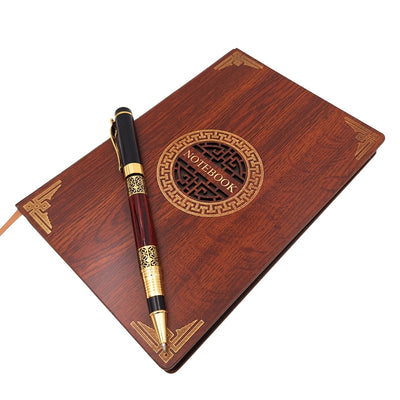 Set regalo esclusivo premium taccuino A5 con copertina in legno e penna – personalizzazione con incisione, ideale come regalo per capo, insegnante, artista – marrone scuro con elementi dorati
