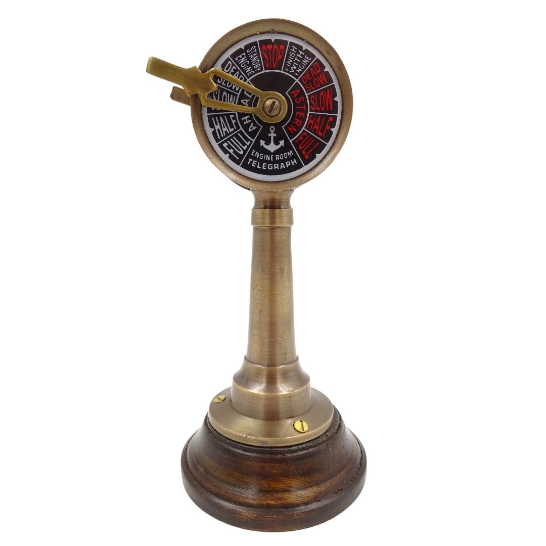 Telegrafo a macchina TG4 da nave con incisione - Regalo personalizzato in ottone e legno, altezza 16,5 cm, colori oro e marrone