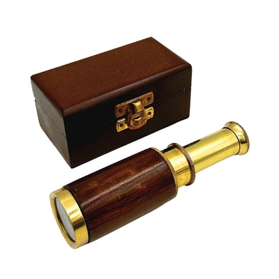 Cannocchiale in ottone con incisione in scatola di legno – elegante regalo in stile retrò, ideale per decorare ufficio o studio, altezza 15,5 cm, materiale: ottone e legno