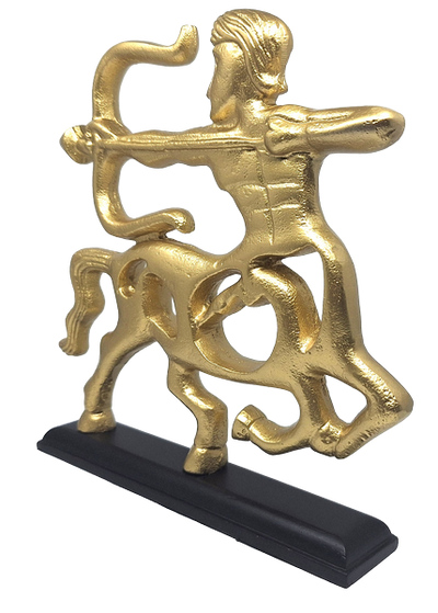 Statuetta decorativa Sagittario dorata con base in legno e opzione di personalizzazione tramite incisione
