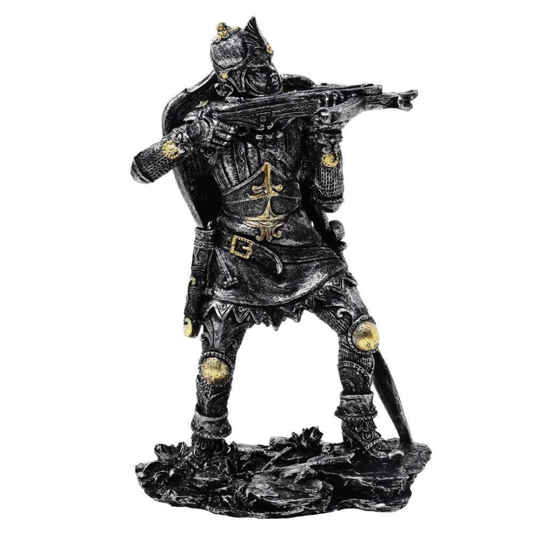 Figura Cavaliere Medievale con Balestra 20 cm con Possibilità di Personalizzazione tramite Incisione - Decorazione Argento-Oro per Regalo agli Amanti della Storia e del Fantasy - Dipinta a Mano in Polyresina