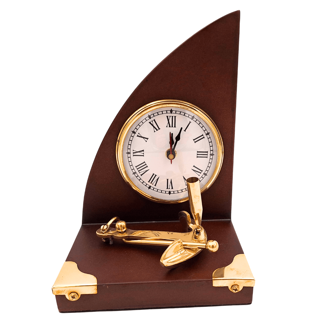 Elegante Set da Scrivania Marinaro Orologio e Portapenne in Ottone e Legno Laccato – Incisione Personalizzata – Regalo Ideale per Capo o Appassionato di Stile Vintage – Dimensioni 16 x 12,5 x 23 cm