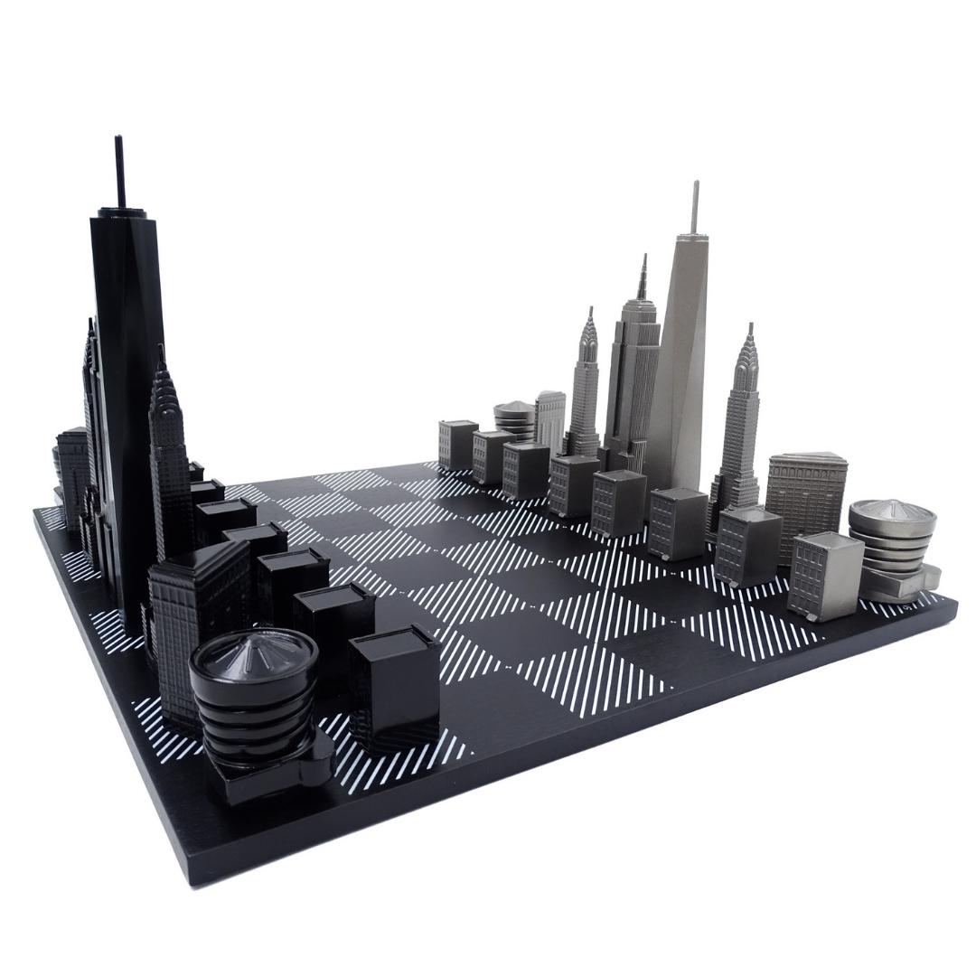 Scacchi New York Skyline in acciaio inox con incisione