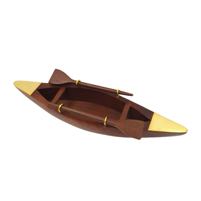 Elegante modello di barca in legno da 25 cm - decorazione da scrivania con elementi in ottone - regalo ideale per un velista con opzione di personalizzazione tramite incisione - stile marinaro e rétro