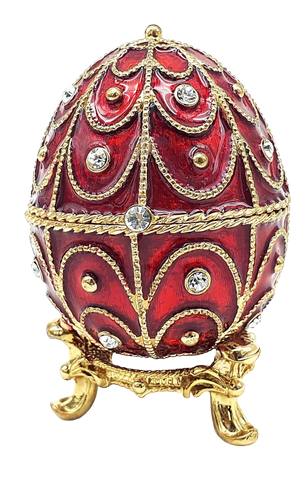 Scatola esclusiva in metallo Fabergé con cristalli in colore rosso e oro, possibilità di personalizzazione tramite incisione, ideale come regalo, dimensioni 5,5x6,5 cm