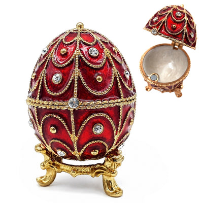 Scatola esclusiva in metallo Fabergé con cristalli in colore rosso e oro, possibilità di personalizzazione tramite incisione, ideale come regalo, dimensioni 5,5x6,5 cm