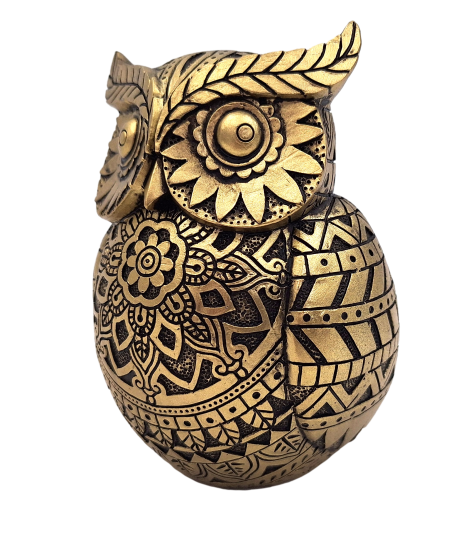 Gufo della saggezza con possibilità di personalizzazione con incisione, decorazione in colore dorato e nero, altezza 13,6 cm, regalo ideale per ogni occasione