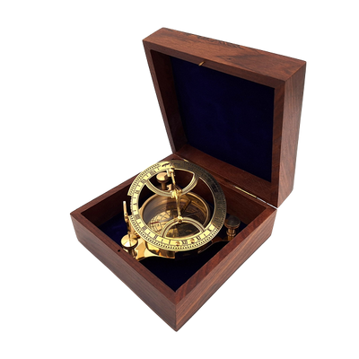 Bussola Dollond in Ottone in Scatola di Legno con Funzione Orologio Solare - Ideale come Regalo con Possibilità di Incisione - Stile Antico, Dimensioni 7,5 x 7,5 x 3 cm