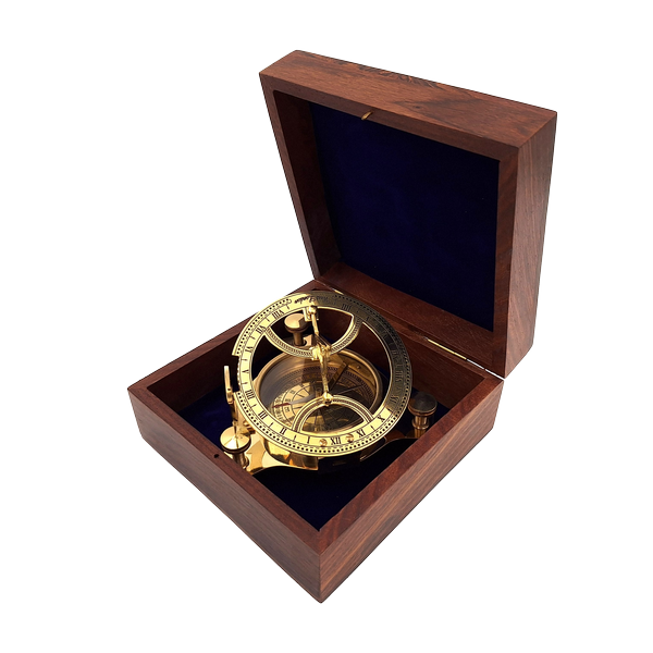 Bussola Dollond in Ottone in Scatola di Legno con Funzione Orologio Solare - Ideale come Regalo con Possibilità di Incisione - Stile Antico, Dimensioni 7,5 x 7,5 x 3 cm