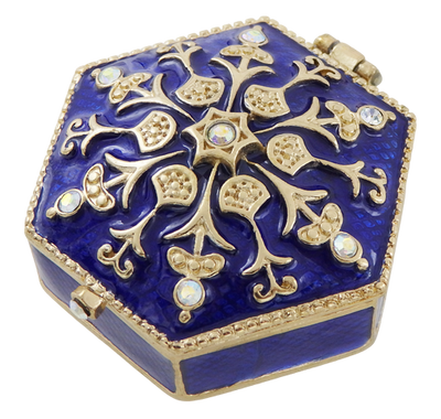 Elegante scatola regalo in metallo con cristalli B0035-08BL in colorazione blu navy e oro con possibilità di personalizzazione tramite incisione