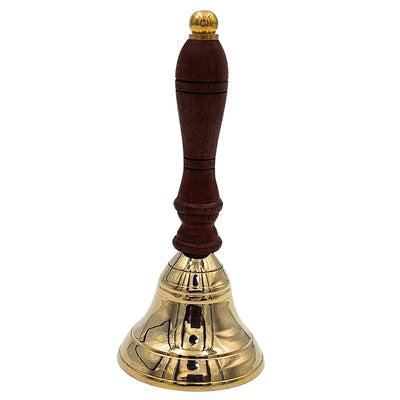 Campanello a mano in ottone con manico in legno in stile retrò – incisione personalizzata, ideale come regalo – altezza 16 cm, diametro 7,5 cm, oro e marrone