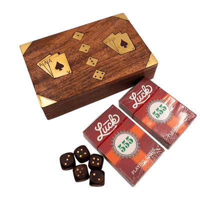 Elegante Set da Gioco con Due Mazzi di Carte e Dadi in Scatola di Legno con Decorazioni in Ottone - Incisione Personalizzata