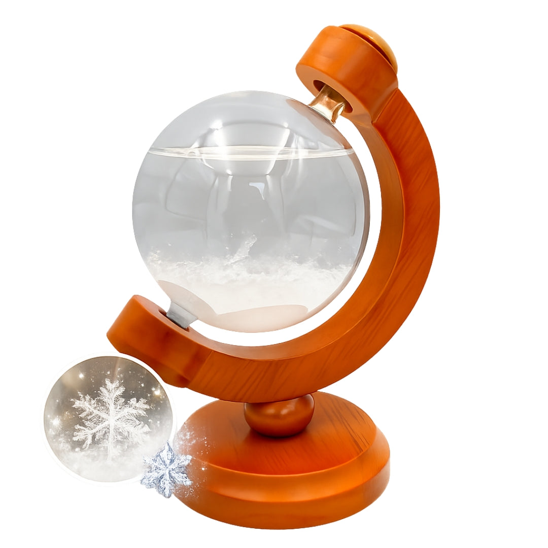 Barometro Temporalesco Fitzroya Globo con Possibilità di Incisione - Elegante Decorazione da Scrivania in Vetro e Legno, Altezza 18,5 cm