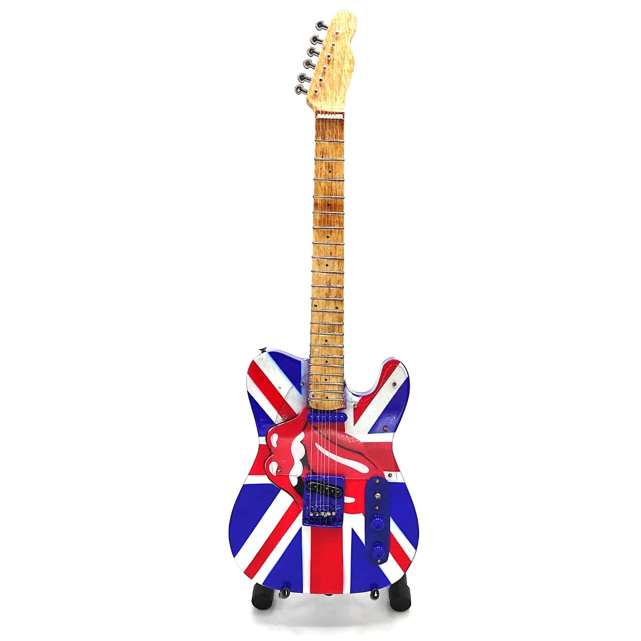 Mini chitarra da collezione Rolling Stones UK&Tongue MGT-2301B in legno di mogano, possibilità di incisione personalizzata, regalo ideale per ogni occasione, altezza 27,5 cm