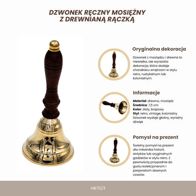 Campanello a mano in ottone con manico in legno in stile retrò – incisione personalizzata, ideale come regalo – altezza 16 cm, diametro 7,5 cm, oro e marrone