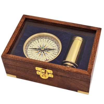 Set regalo con bussola in ottone e cannocchiale in elegante scatola di legno con incisione
