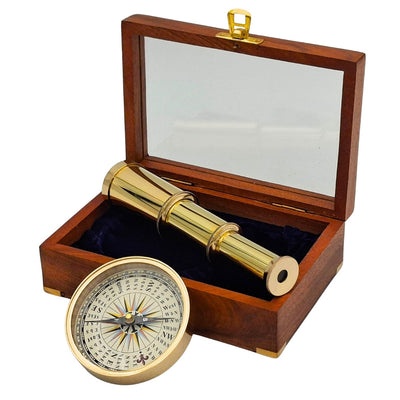 Set regalo con bussola in ottone e cannocchiale in elegante scatola di legno con incisione